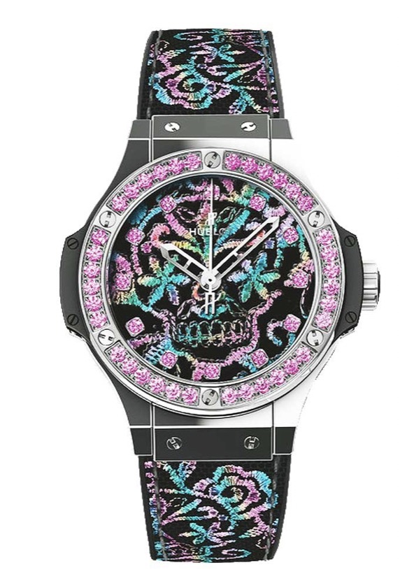 replica Hublot Big Bang Broderie Sugar Skull Mens 41mm Automatic in Steel On Black Rubber Strap with Carbon Fiber Multicolor Dial 343.SS.6599.NR.1233