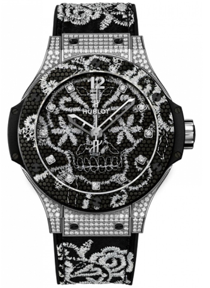 replica Hublot Big Bang Broderie 41mm Automatic in Steel with Diamond Bezel On Black Embroidery Rubber Strap with Black Diamond Dial 343.SX.6570.NR.0804