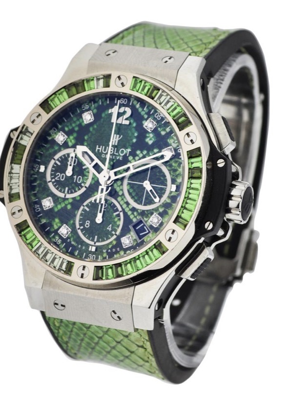 replica Hublot Big Bang 41mm Boa Bang in Steel with Green Baguette Diamond Dial on Green Python Strap with Green Diamond Dial 341.SX.7817.PR.1978