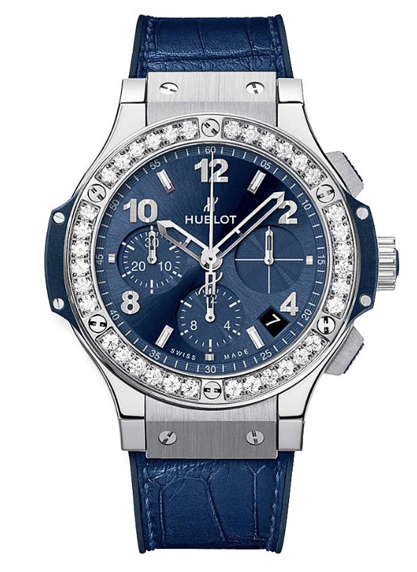 replica Hublot Big Bang 41mm in Steel with Diamond Bezel on Blue Alligator Leather Strap with Blue Dial 341.SX.7170.LR.1204