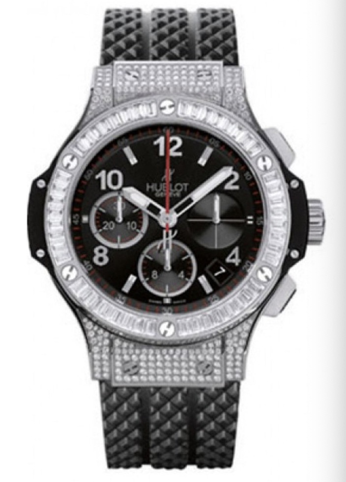 replica Hublot Big Bang 41mm in Steel with Baguette Diamond Bezel on Black Rubber Strap with Black Dial 342.SX.130.RX.094