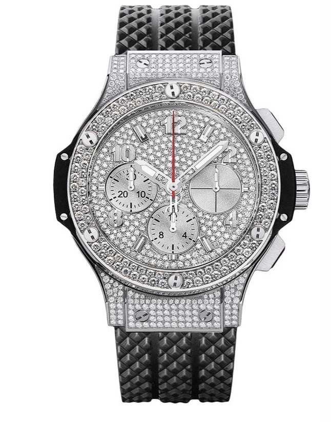 replica watch Hublot Big Bang 41mm in Steel with Pave Diamond Bezel on Black Rubber Strap with Pave Diamond Dial 341.SX.9010.RX.1704