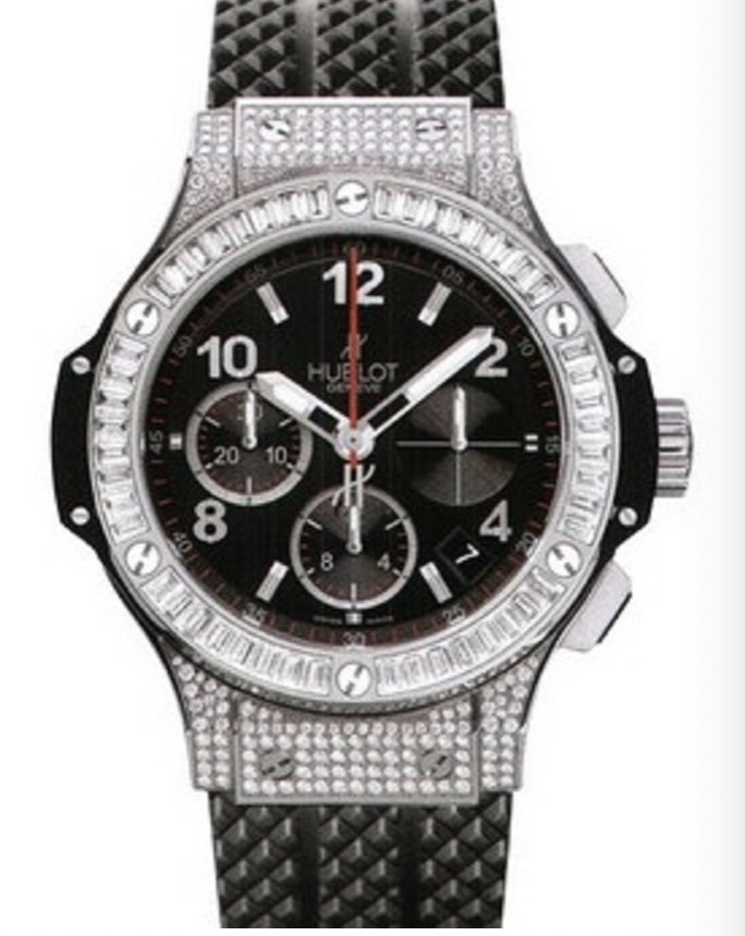replica Hublot Big Bang 41mm in Steel with Baguette Diamond Bezel on Black Rubber Strap with Black Dial 342.SW.130.RX.094