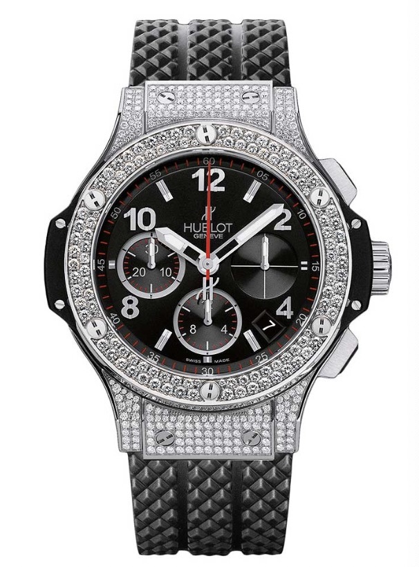 replica watch Hublot Big Bang 41mm in Steel with Diamond Bezel on Black Rubber Strap with Black Dial 342.SX.130.RX.174