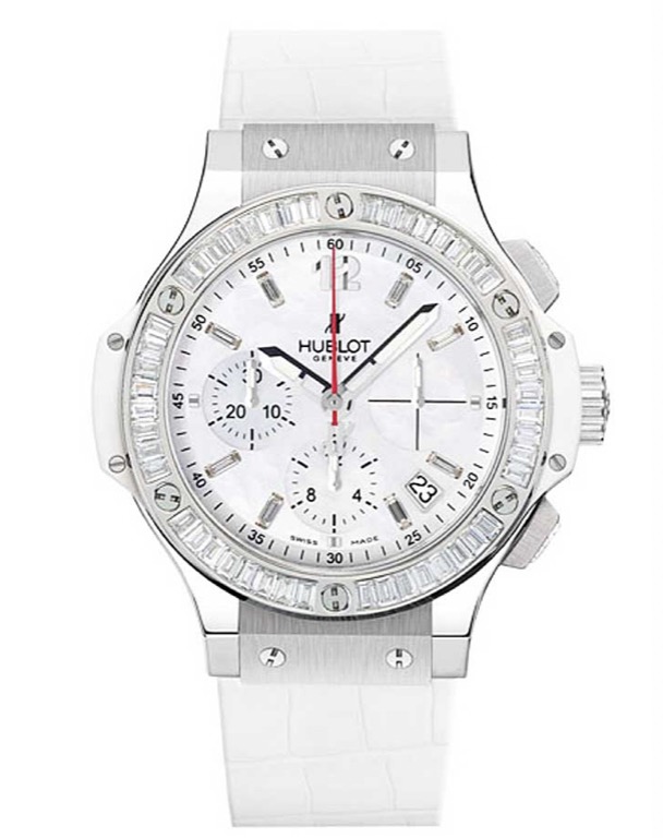 replica Hublot Big Bang Madre Perla 41mm in Steel with Baguette Diamond Bezel on White Crocodile Leather Strap with White MOP Dial 341.SE.2314.LS.194