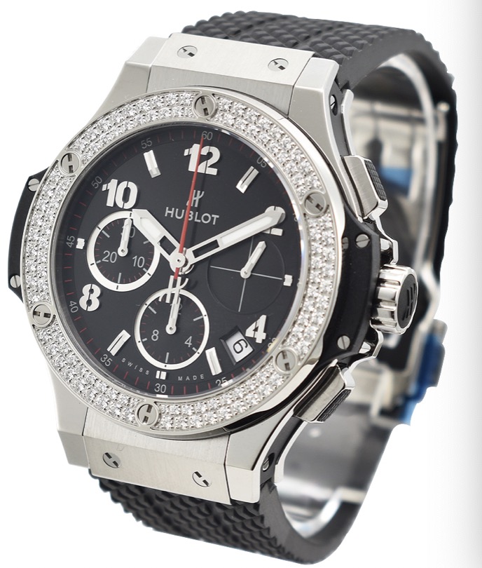 replica Hublot 41mm Big Bang in Steel With Diamond Bezel on Rubber Strap with Black Dial 341.SX.130.RX.114