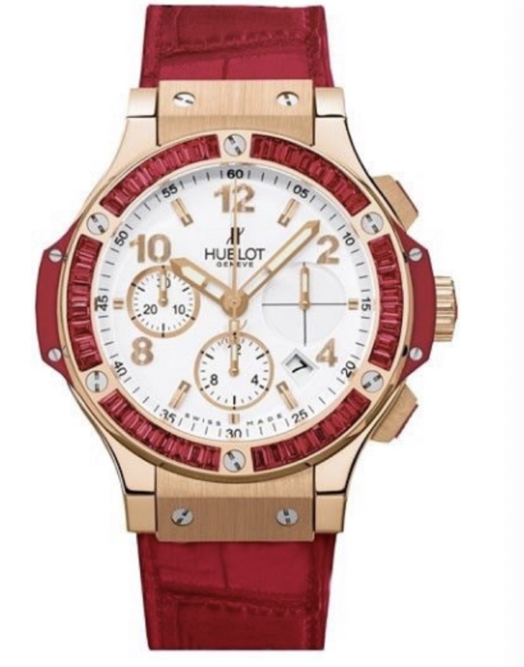 replica Hublot Big Bang Tutti Frutti 41mm in Rose Gold with Spinelle Baguettes Diamond Bezel on Red Leather Strap with White Dial 341.PR.2010.LR.1913