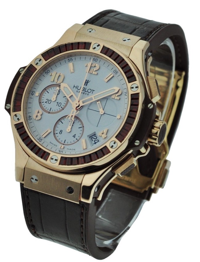 replica Hublot Big Bang Tutti Frutti Hazelnutin 41mm in Rose Gold with Baguette Diamond Bezel on Brown Crocodile Leather Strap with White Dial 341.PC.2010.LR.1903 - Click Image to Close