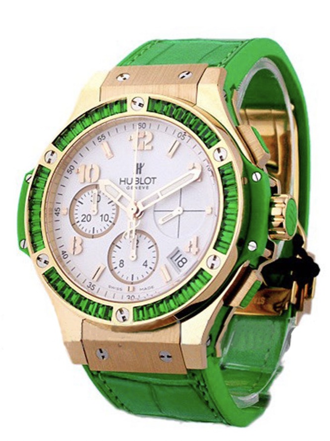 replica Hublot Big Bang Tutti Frutti Apple 41mm in Rose Gold with Green Baguette Daimond Bezel on Green Crocodile Leather Strap with White Dial 341.PG.2010.LR.1922 - Click Image to Close