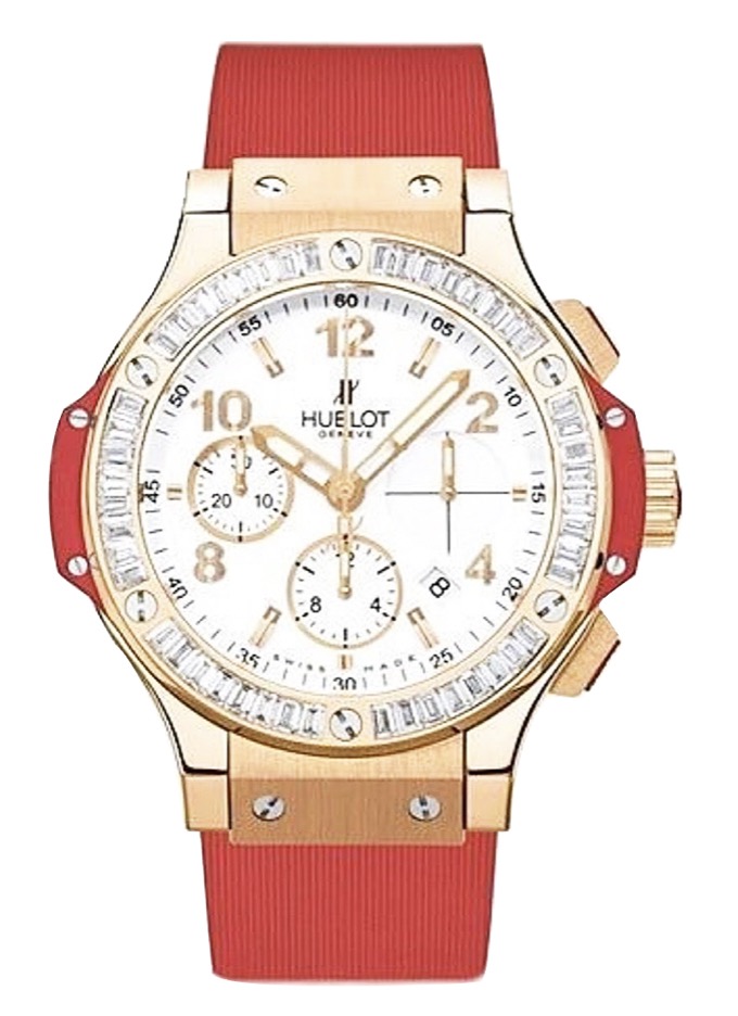 replica Hublot Big Bang 41mm in Rose Gold with Baguette Diamond Bezel on Red Rubber Strap with White Dial 341.PR.2010.RR.1904