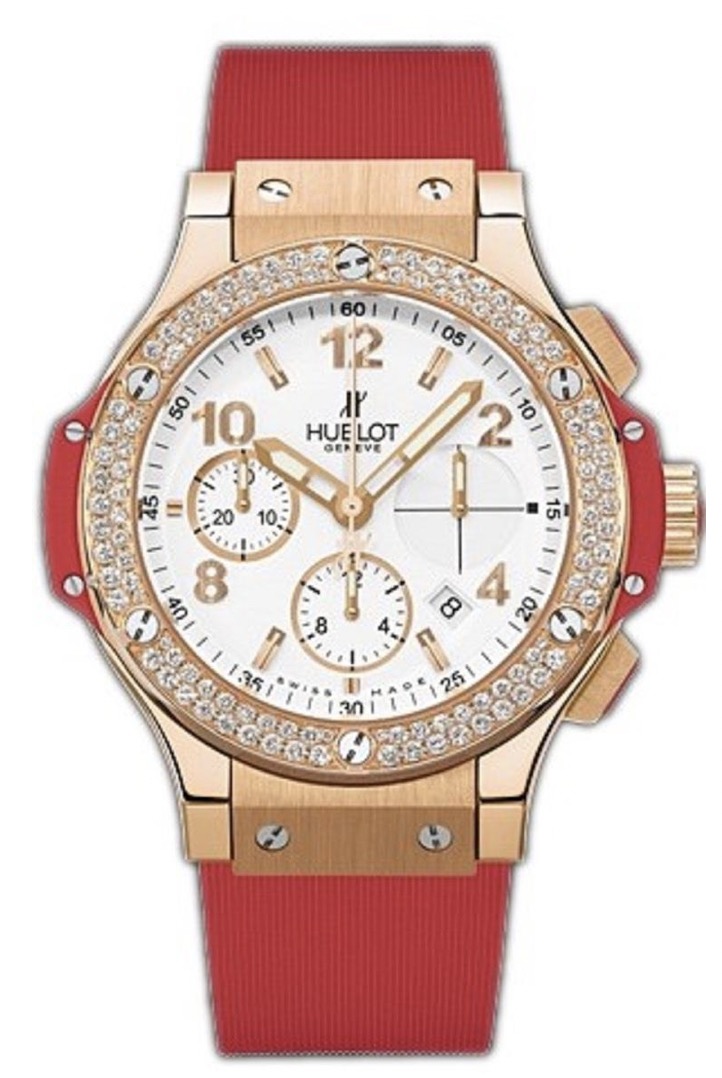 replica Hublot Big Bang Valentine Day 41mm in Rose Gold with Diamond Bezel on Red Rubber Strap with White Dial 341.PR.2010.RR.1104