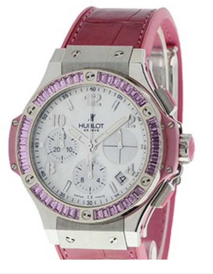 replica Hublot Big Bang Tutti Frutti 41mm in Steel with Pink Sapphires Bezel on Pink Gummy Alligator Strap with White MOP Dial 361.sp.2010.lr.1933ROSE