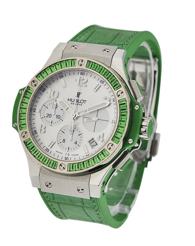 replica Hublot Big Bang 41mm Tutti Frutti Chronograph in Steel with Green Tsavorite Stone Bezel on Green Strap with White MOP Dial 341.sg.6010.lr.1922APPLE