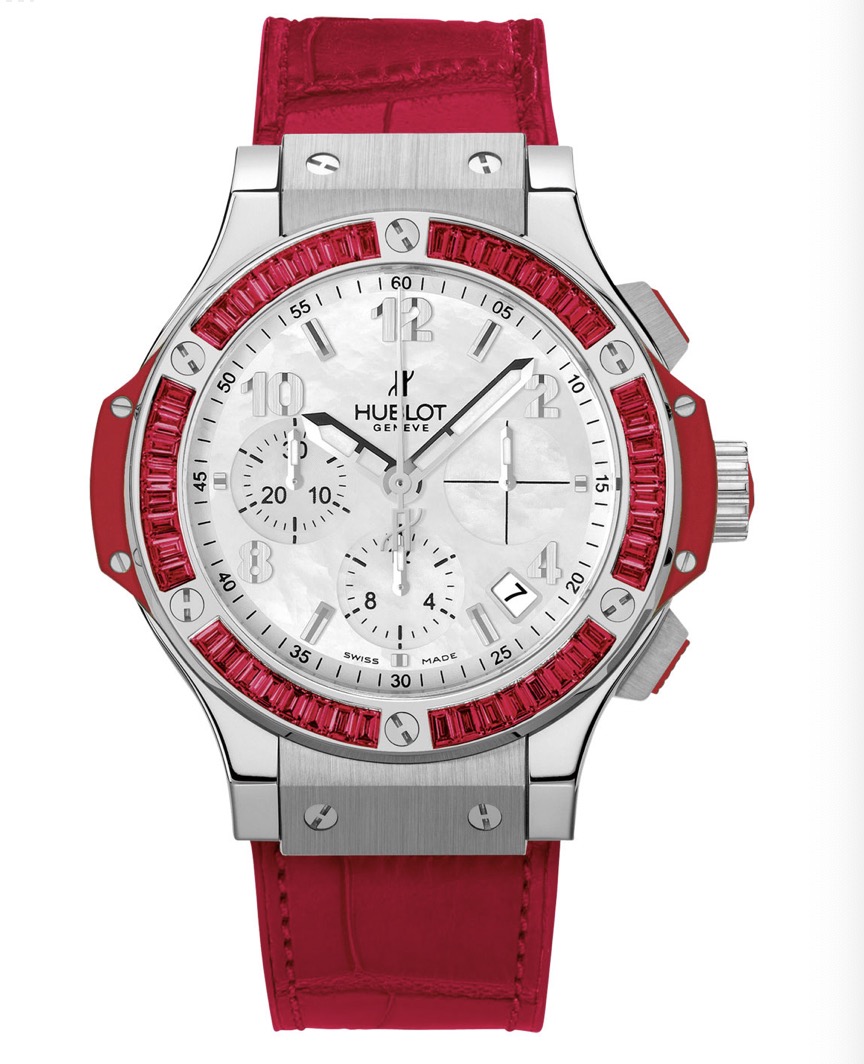 replica Hublot Big Bang 41mm Tutti Frutti in Steel with Red Baguette Diamond Bezel on Red Crocodile Leather Strap with MOP Dial 341.SR.6010.LR.1913