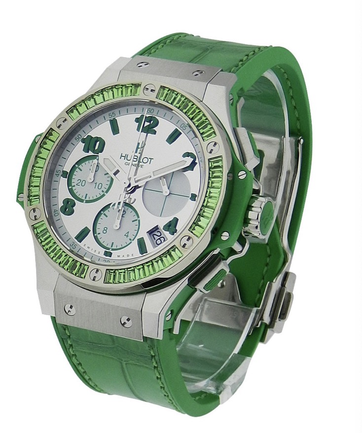 replica Hublot Big Bang 41mm Automatic in Steel with bezel set of 48 Tsavorite Baguettes on Green Leather Strap with MOP Arabic Dial 341.SG.6010.LR.1922