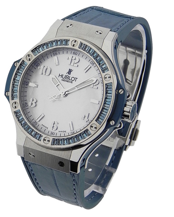 replica Hublot Big Bang 38mm in Steel with Blue Topaz Bezel Steel on Strap with Mother of Pearl Dial 361.SL.6010.LR.1907