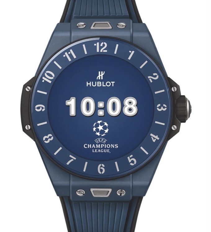replica Hublot Big Bang e UEFA Champions League in Blue Ceramic on Black & Blue Rubber Strap with Digital Hublot Watchfaces Dial 440.EX.1100.RX.UCL20