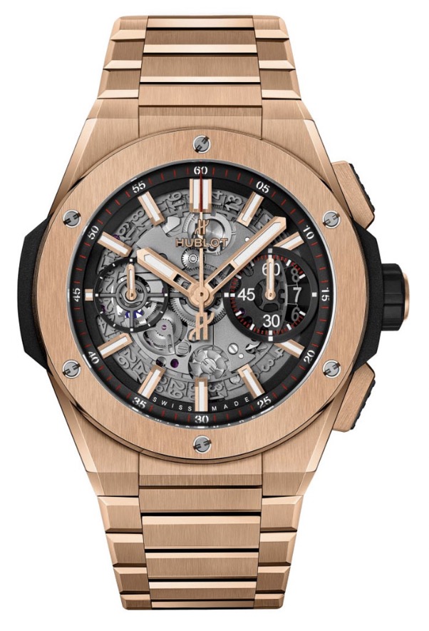 replica Hublot Big Bang Integral in Rose Gold on Rose Gold Bracelet with Skeleton Dial 451.ox.1180.ox