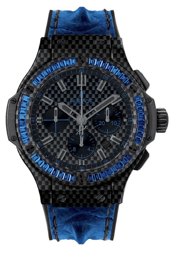 replica Hublot Big Bang 44mm in Black Carbon with Blue Baguette Diamond Bezel on Blue Leather Strap with Carbon Fiber Dial 301.QX.1790.HR.1901 - Click Image to Close