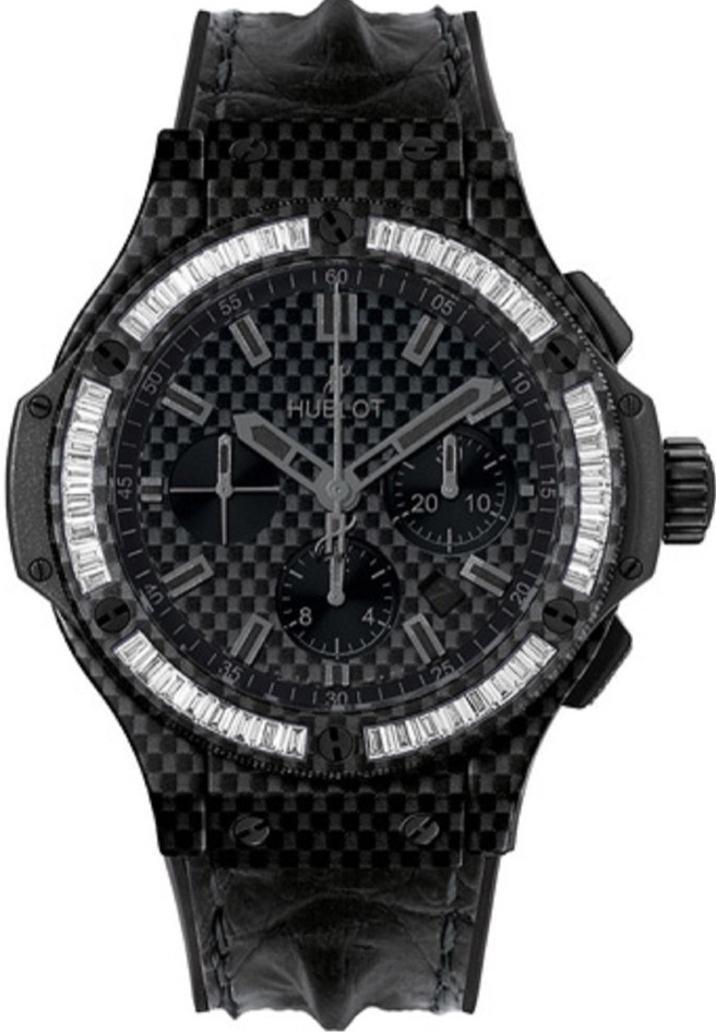 replica Hublot Big Bang 44mm in Black Carbon with Baguette Diamond Bezel on Black Leather Strap with Black Carbon Fiber Dial 301.QX.1740.HR.1904 - Click Image to Close