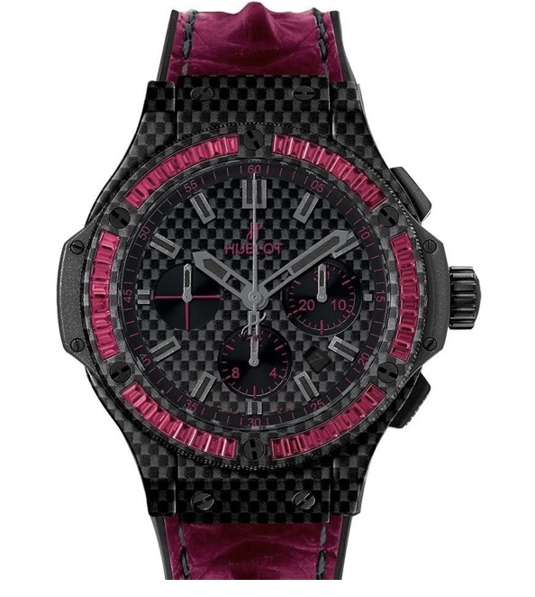 replica Hublot Big Bang 44mm in Black Carbon with Baguette Ruby Bezel on Ruby Red Leather Strap with Black Carbon Fiber Dial 301.QX.1730.HR.1902