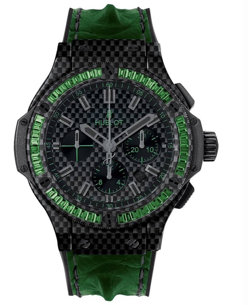 replica Hublot Big Bang 44mm in Black Carbon with Baguette Tsavorite Bezel on Green Leather Strap with Black Carbon Fiber Dial 301.QX.1791.HR.1922 - Click Image to Close