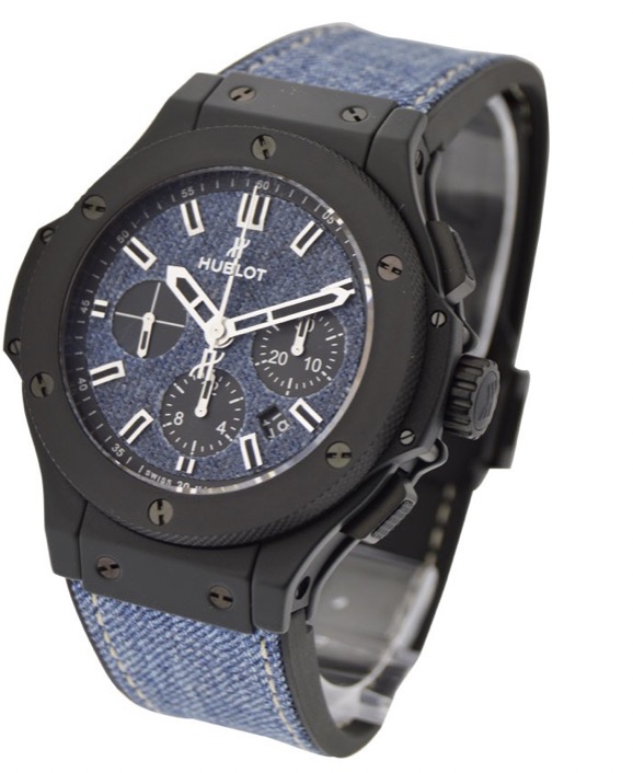 replica Hublot Big Bang Jeans Chronograph 44mm Automatic in Black Ceramic On Blue Denim Strap with Blue Denim Dial 301.CI.2770.NR.JEANS - Click Image to Close