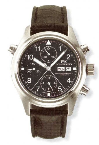 replica IWC - IW3713-03 Pilot's Watch Doppelchronograph Stainless Steel / Black / English / Strap watch - Click Image to Close