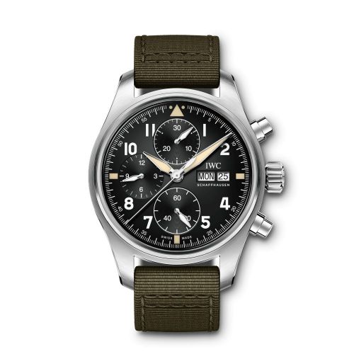 replica IWC - IW3879-01 Pilot's Watch Chronograph Spitfire Stainless Steel / Black / Textile watch - Click Image to Close