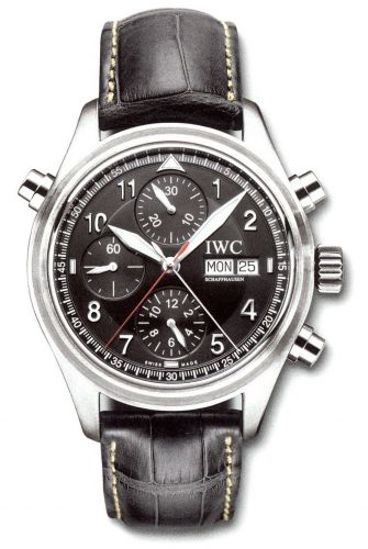 replica IWC - IW3713-33 Pilot's Watch Spitfire Double Chronograph Stainless Steel / Black / English / Strap watch - Click Image to Close
