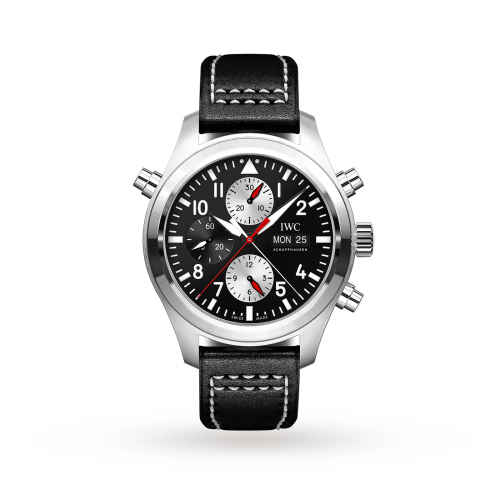 replica IWC - IW3718-13 Pilot's Watch Double Chronograph Stainless Steel / Black-Silver / Calf / Watches of Switzerland watch