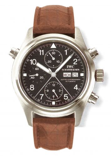 replica IWC - IW3713-07 Pilot's Watch Doppelchronograph Stainless Steel / Black / English / Strap watch - Click Image to Close