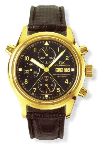 replica IWC - IW3711-14 Pilot's Watch Doppelchronograph Yellow Gold / Black / Italian / Strap watch - Click Image to Close