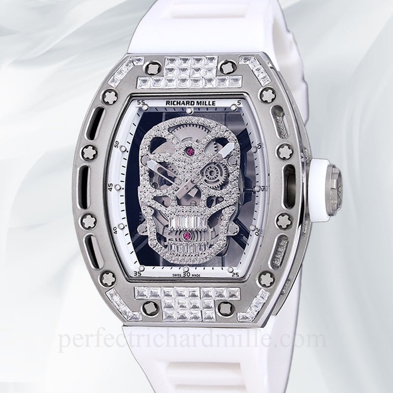 replica Richard Mille RM 052 Men Automatic Watch Diamonds Skull Dial Rubber Band watch - Click Image to Close