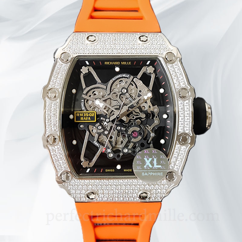 replica Richard Mille RM35-02 Mechanical Men Rubber Band Transparent Dial Diamond Bezel watch - Click Image to Close
