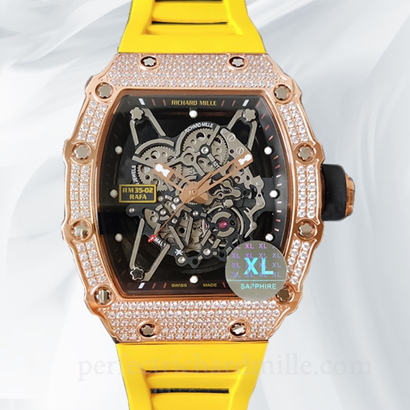 replica Richard Mille RM35-02 Men Mechanical Diamond Bezel Transparent Dial Rubber Band watch