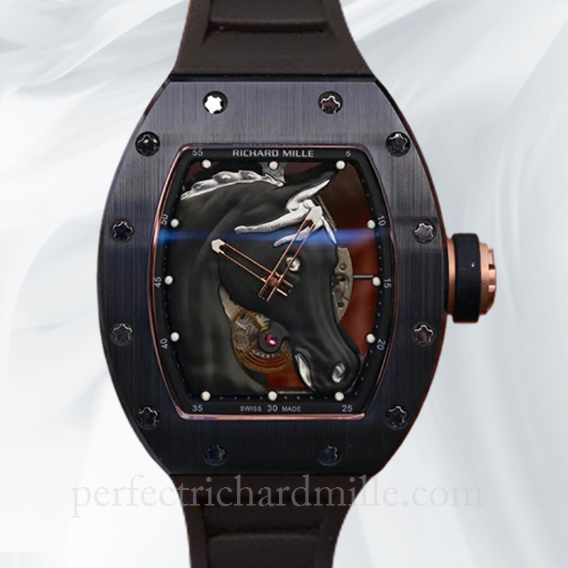 replica Richard Mille RM52-02 Men Mechanical Horse Head Skeleton Dial Rubber Band Stainless Steel watch