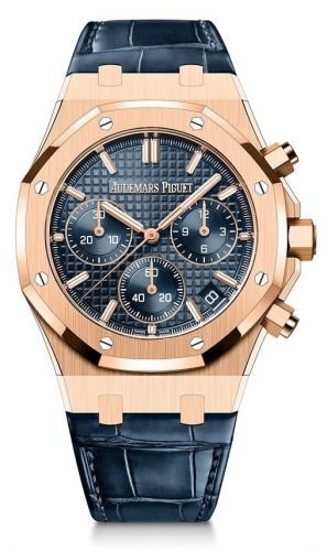 replica Audemars Piguet - 26240OR.OO.D315CR.01 Royal Oak Chronograph 41 Pink Gold / Blue / Strap / 50th Anniversary watch - Click Image to Close
